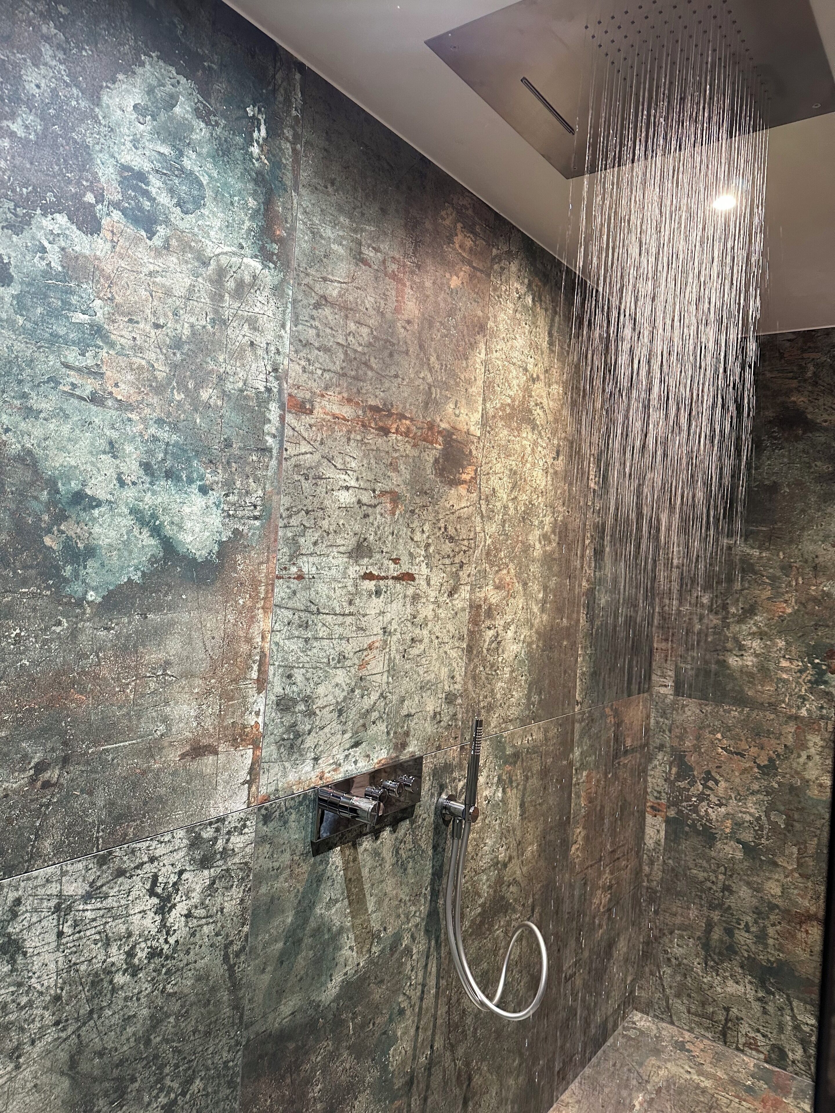 Shower, hair dryer, towels, toilet paper