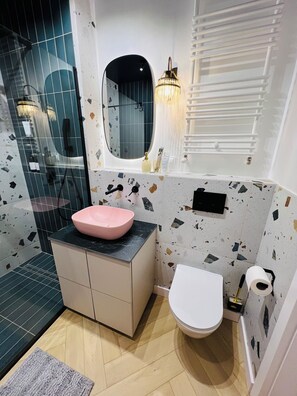 Douche, séchoir à cheveux, serviettes fournies, savon