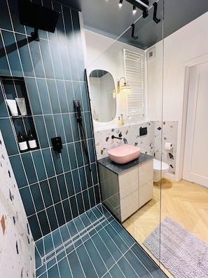 Shower, hair dryer, towels, soap