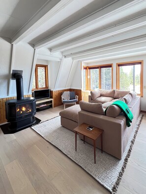 テレビ、暖炉、書庫