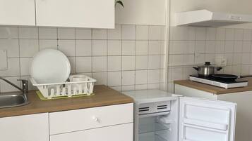 A modern kitchen with white cabinets, a built-in dishwasher, and a small countertop with a plant.
