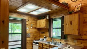 Una cucina in stile baita con pareti in legno, un fornello, un lavello e una finestra.
