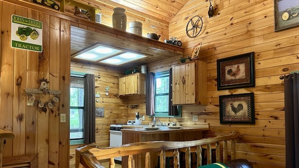 Interno di una baita in legno con angolo cottura, zona pranzo e soggiorno con divano in pelle.