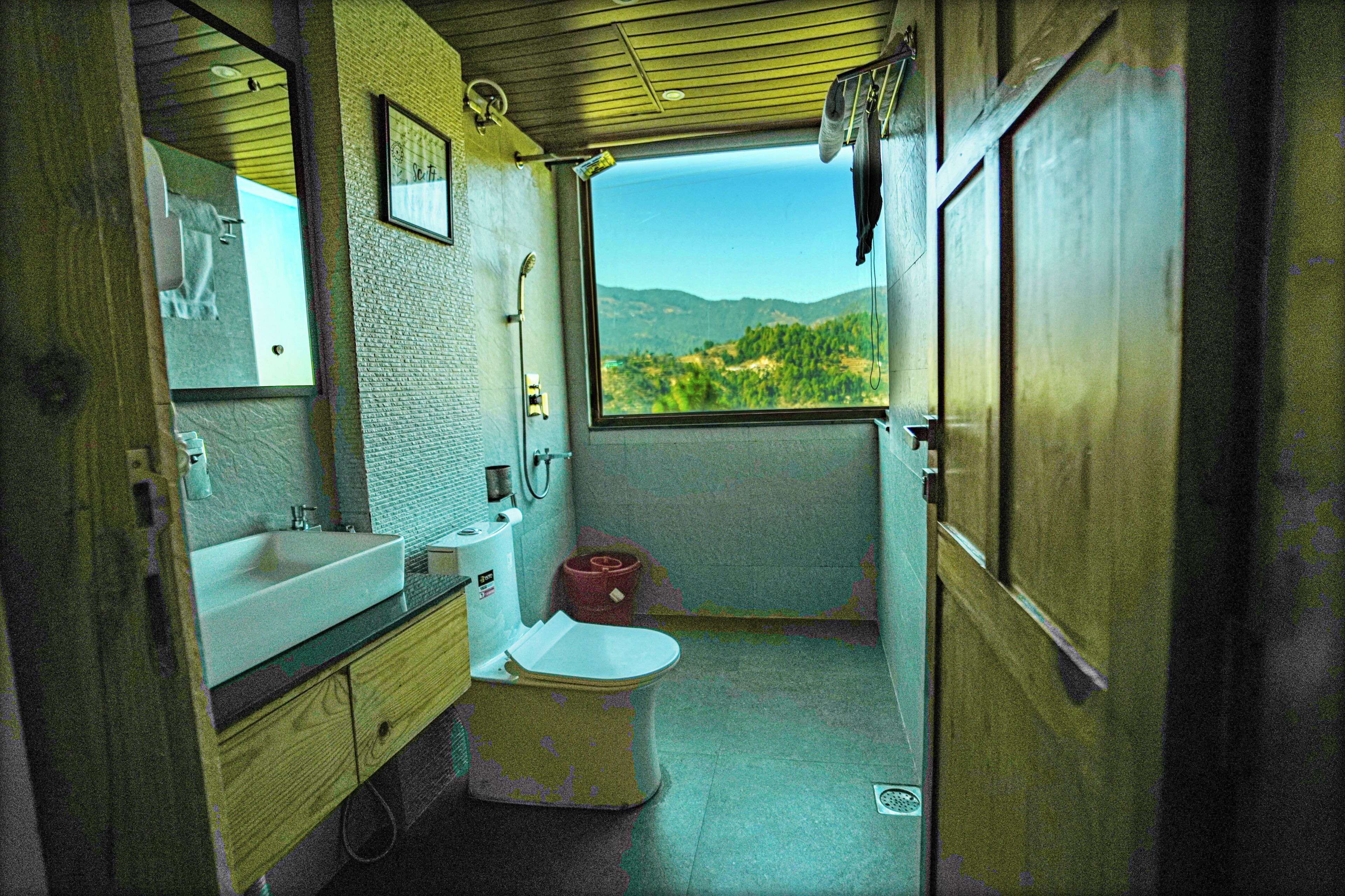 A bathroom with a sink, toilet, and shower, with a view of a mountainous landscape through a window.