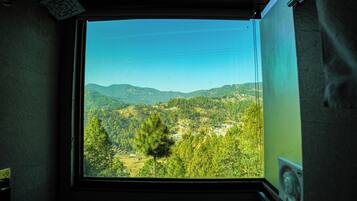 A window with a view of a mountainous landscape, including trees and buildings.