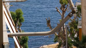 A balcony with a view of the sea, a sailboat in the distance, and some greenery. - Violeta s Seaview Apartment in Piraeus (Piraeus)