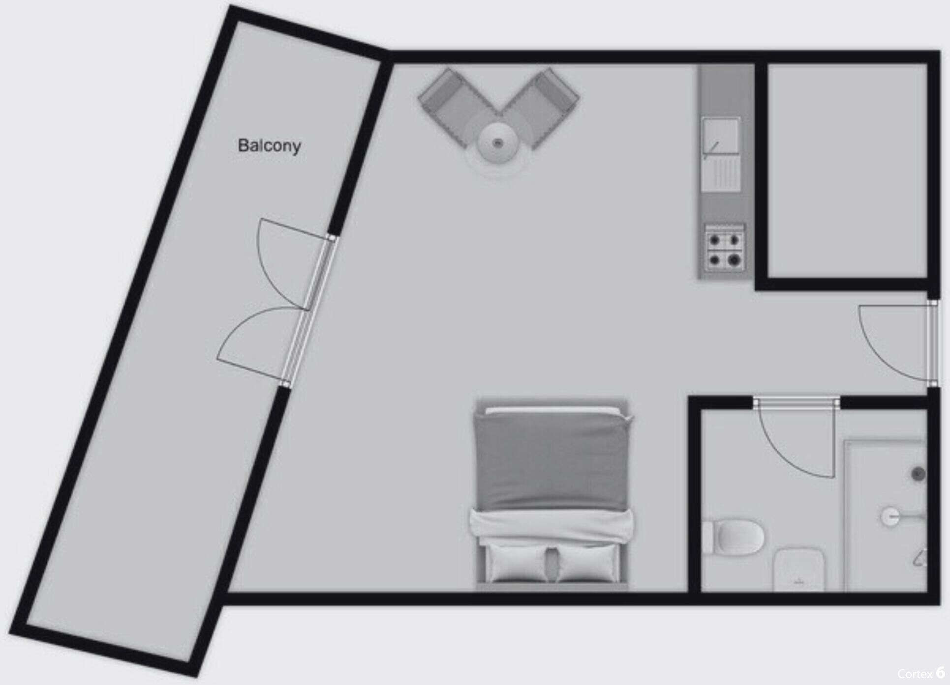 A room layout with a balcony, a bed, a bathroom, and a kitchenette.