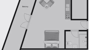 A room layout with a balcony, a bed, a bathroom, and a kitchenette.