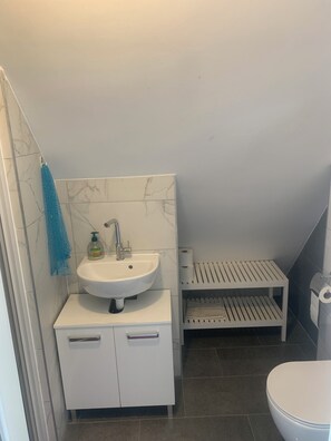 Shower, hair dryer, towels, soap - 3 Zimmer im Einfamilienhaus mit Garten (Magdeburg)