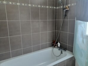 Chuveiro, secador de cabelo, toalhas de banho, sabonete