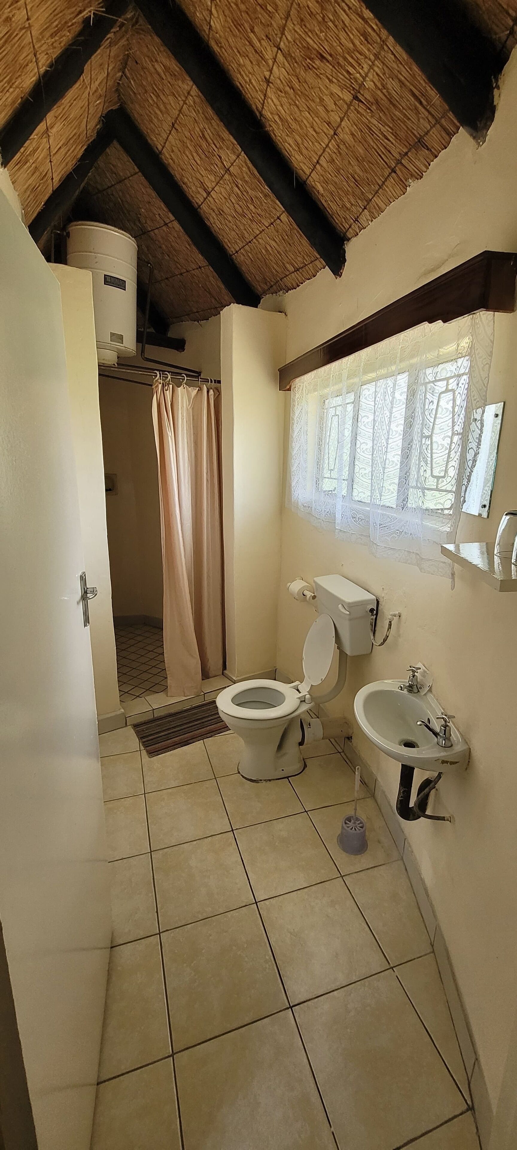 A small bathroom with a toilet, sink, and shower.