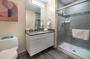 Shower, hair dryer, towels