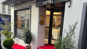 The entrance to Solis Boutique Hotel with a red carpet and potted plants. - Solis Boutique Hotel (Istanbul)