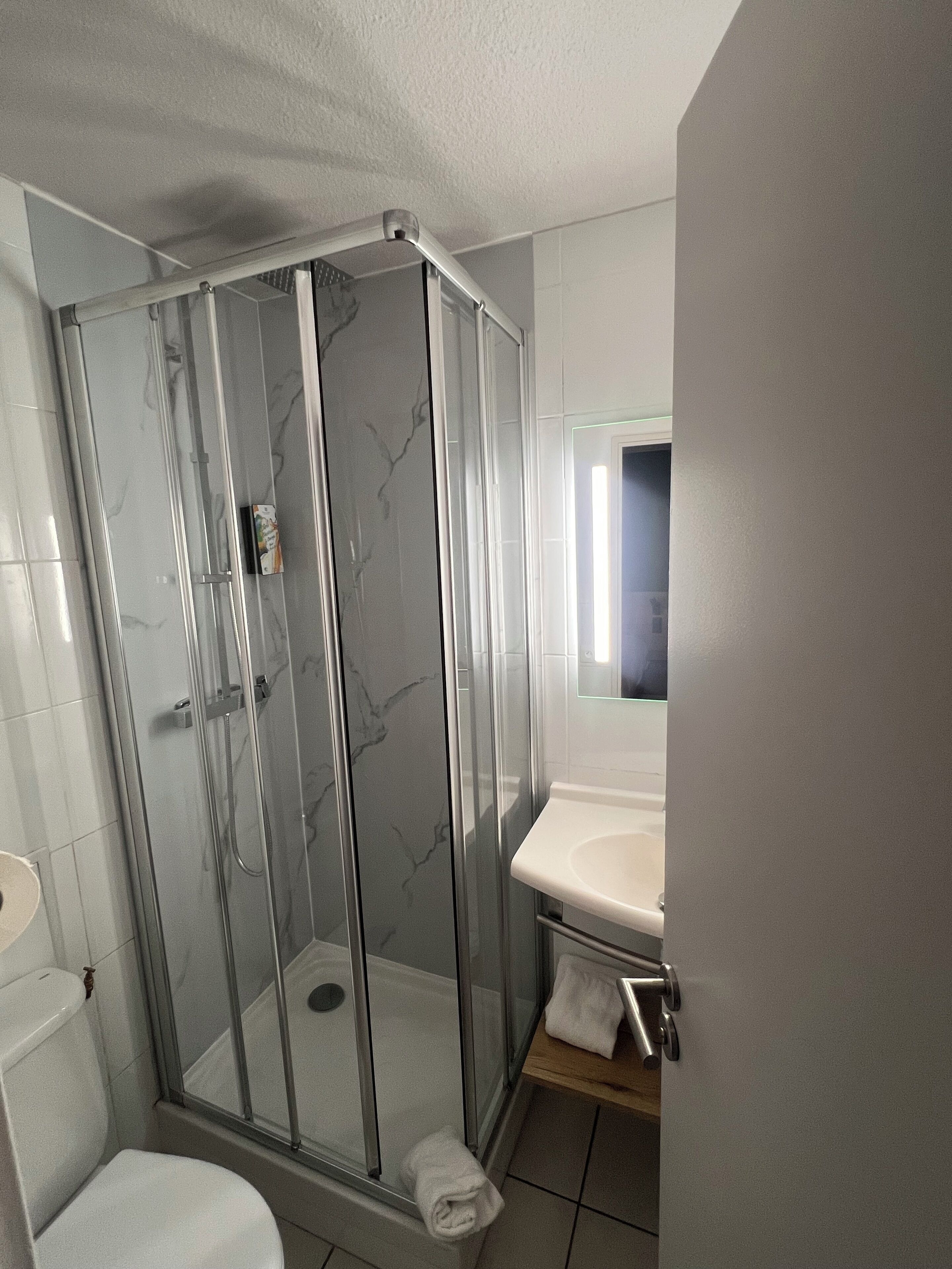 Un baño moderno con ducha envuelta en vidrio, un lavabo blanco y un espejo sobre él.