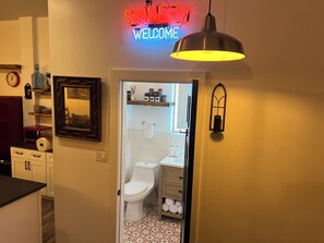 Hair dryer, towels, soap, shampoo