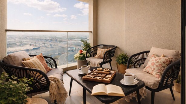 A balcony with wicker furniture, a coffee table, and a view of the cityscape. - Chic 2BR Urban Escape in Aykon City (Dubai)