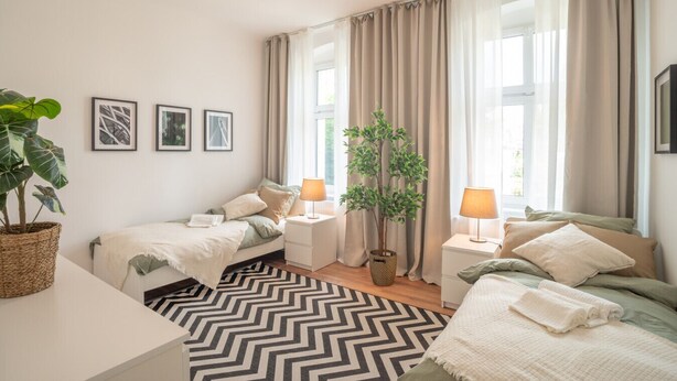 Une chambre d’hôtel moderne avec deux lits simples, une grande fenêtre avec des rideaux, une plante en pot et un tapis à motifs chevrons noir et blanc.