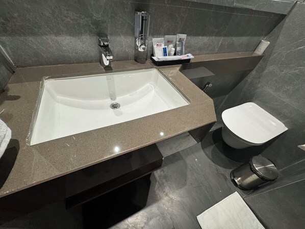 A bathroom with a large sink, toilet, and a small trash bin. - HOTEL MUMBAI HOUSE MINDSPACE MALAD (Mumbai)