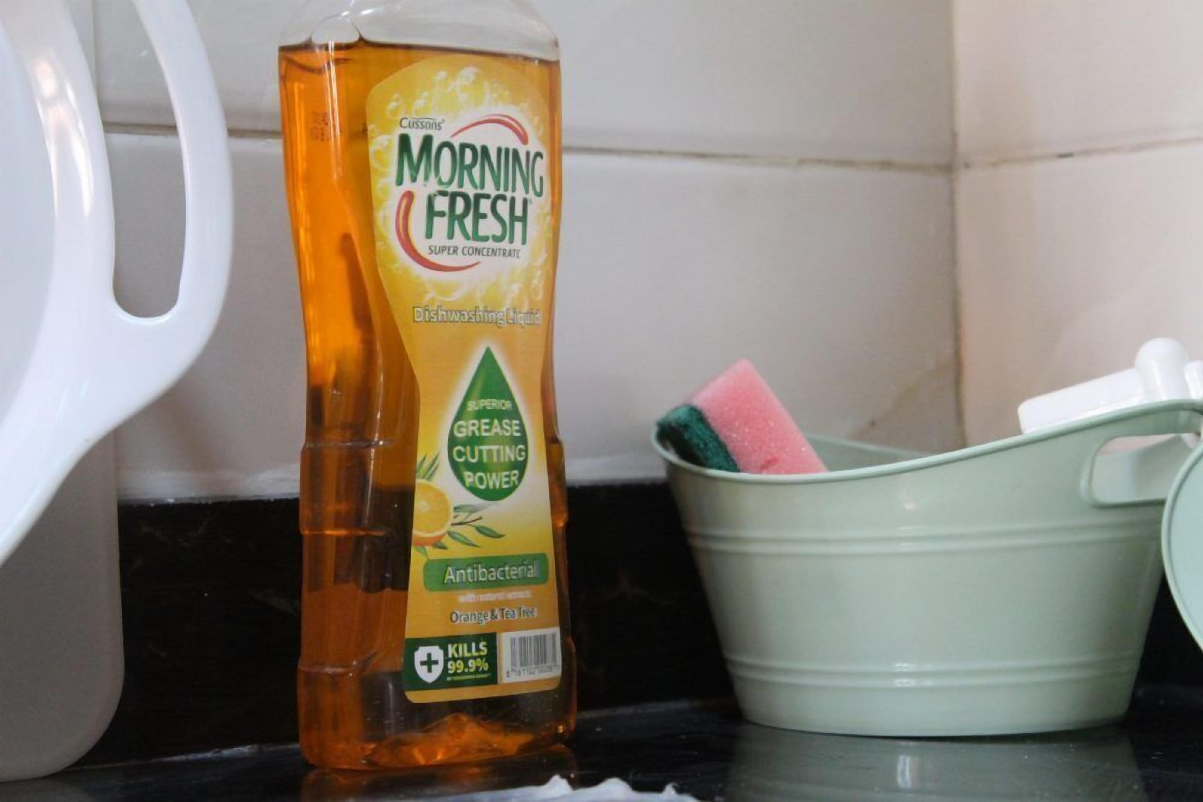 Una botella de detergente Morning Fresh junto a una tetera blanca y un cepillo para lavar platos verde.