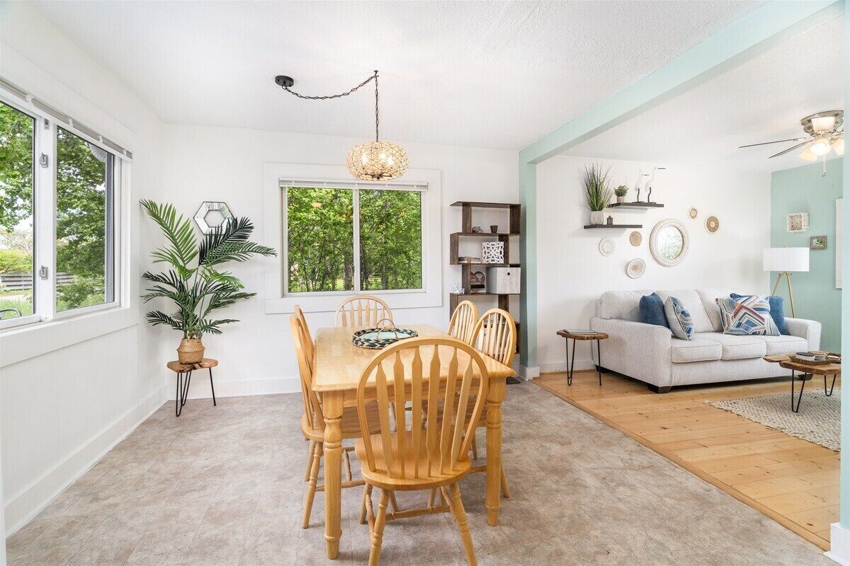 Un coin repas avec une table et des chaises en bois, une plante en pot et une vue par la fenêtre.