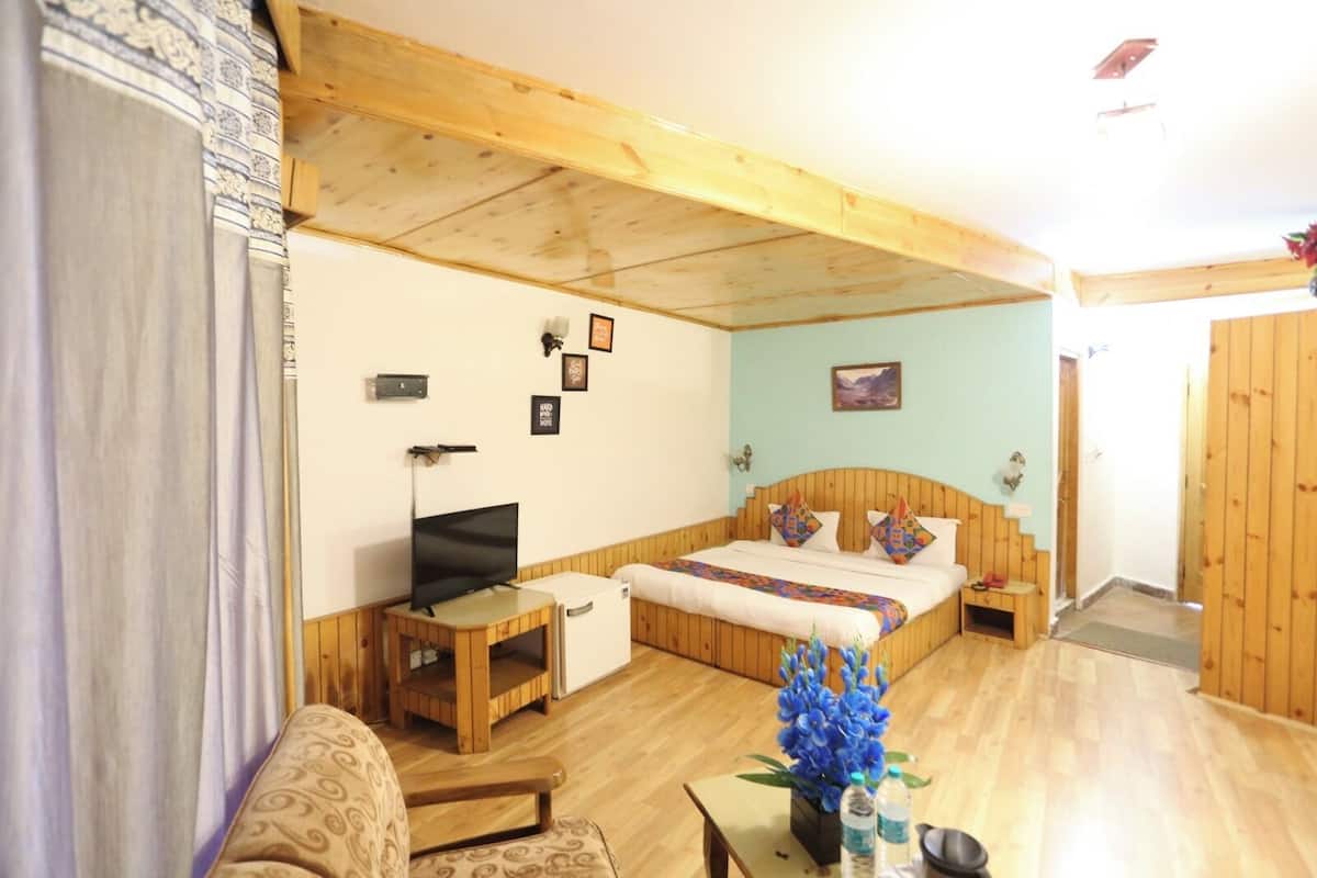 A cozy room with a bed, a TV, a small table with a plant, and a wooden ceiling.