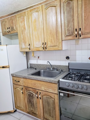 Full-size fridge, microwave, oven, cookware/dishes/utensils