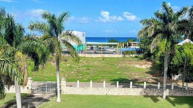 A grassy area with palm trees, a stone wall, and a view of the ocean. - Comfy Haven (Montego Bay)