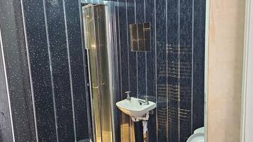 Shower, towels, soap, toilet paper