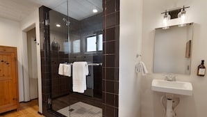 Un baño moderno con ducha de vidrio, lavamanos blanco y puerta de madera.