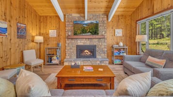 Smart TV, fireplace, DVD player, foosball