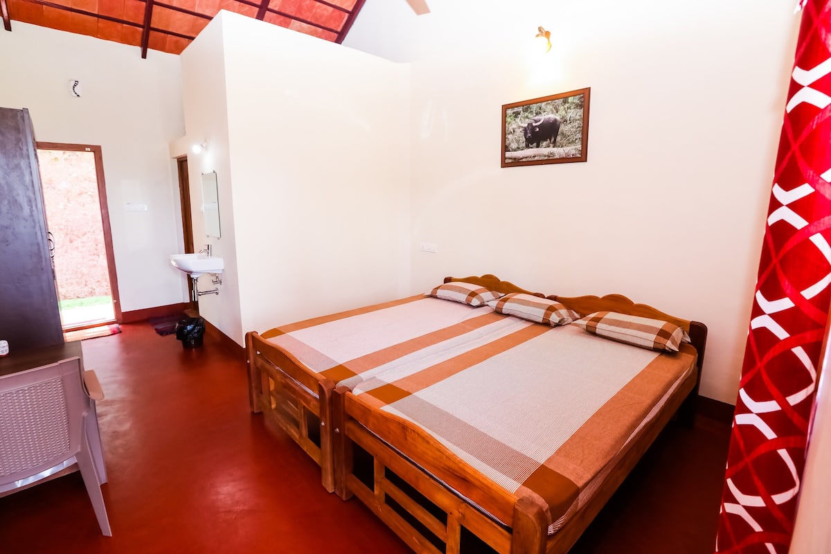 Ein Einzelzimmer mit einem hölzernen Bett, einem kleinen Schreibtisch, einem Stuhl, einem Waschbecken und einer Tür, die nach draußen führt.