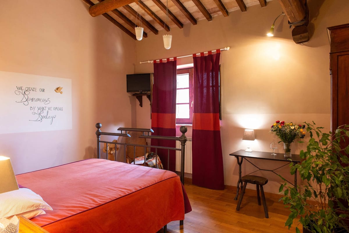 Une pièce confortable avec un lit, un bureau et une chaise. Il y a une fenêtre avec des rideaux, un téléviseur fixé au mur et une plante.