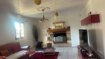 TV connectée, cheminée, livres, imprimantes