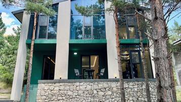 Une maison moderne à deux étages, dotée de fondations en pierre, de grandes fenêtres et d’un mur d’accent de couleur verte.