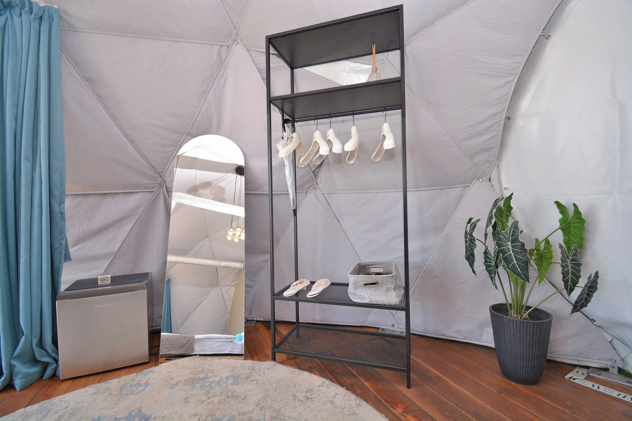 A tented room with a metal shelf holding shoes and a potted plant.