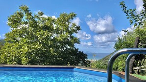 Una piscina con agua cristalina azul, rodeada de exuberante vegetación y vista al mar.