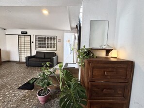 A living room with a black sofa, a wooden cabinet, and potted plants. - La Perle Noire | AB - Terasse et Piscine (San Miguel de Cozumel)