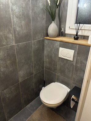 Dusche, Haartrockner, Handtücher, Toilettenpapier