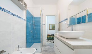 Een douche, een haardroger, een bidet, handdoeken