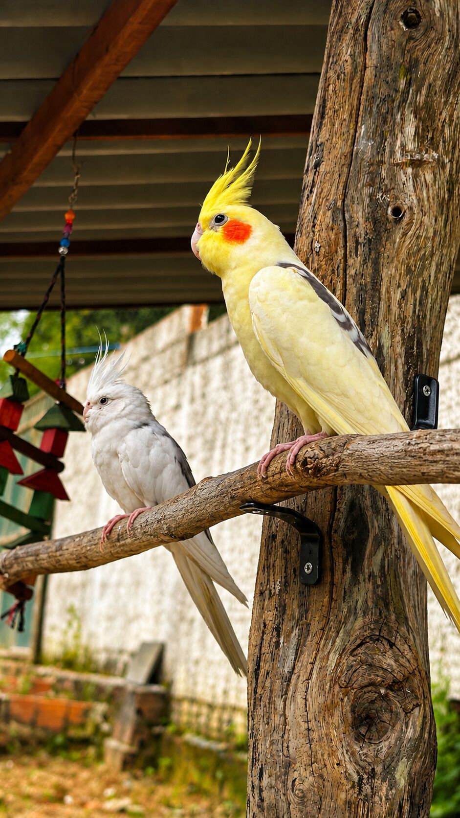 Two birds perched on a wooden branch with a metal bracket, set against a backdrop of a building and greenery.