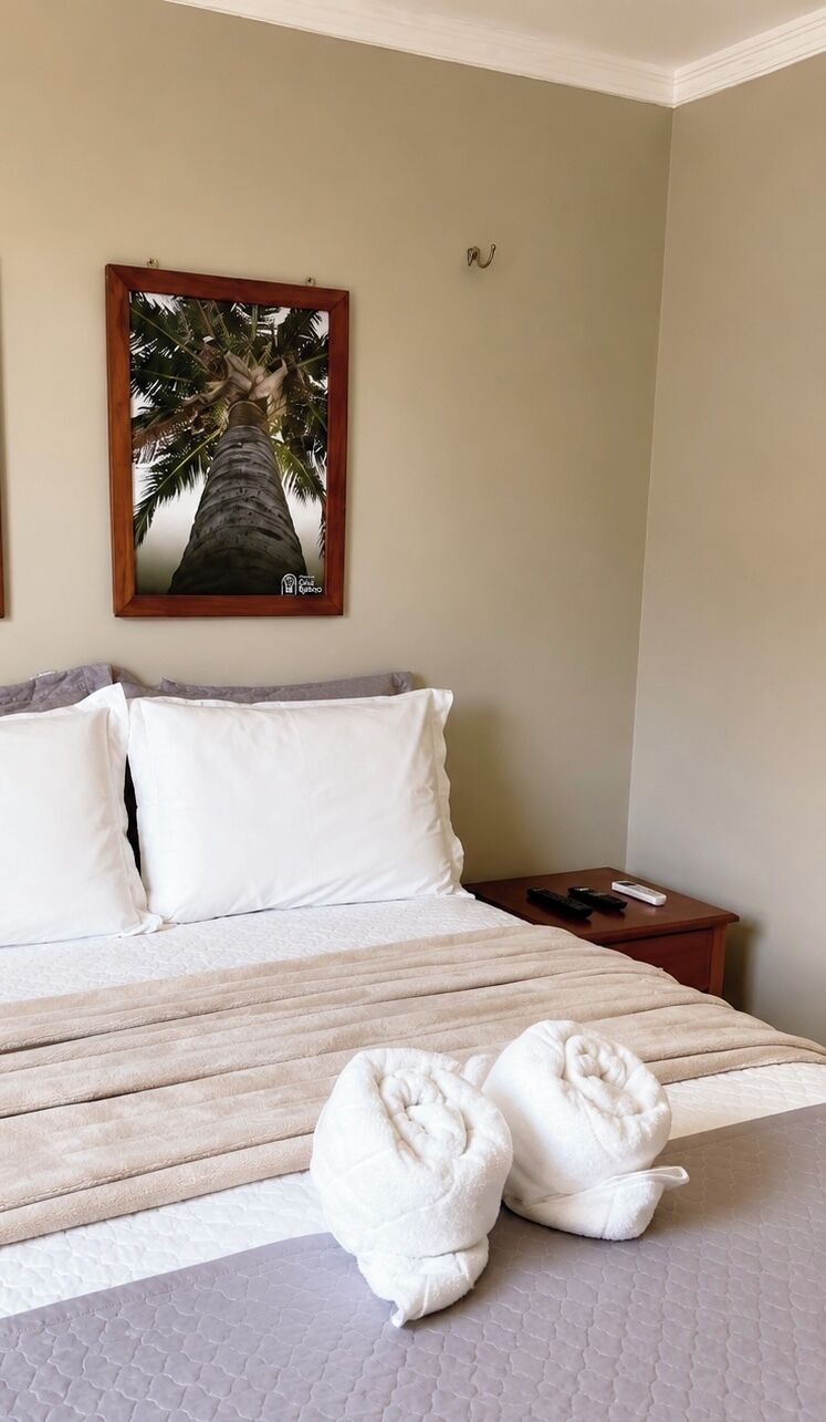 A hotel room with a bed, pillows, a nightstand with a remote control, and a framed picture on the wall.