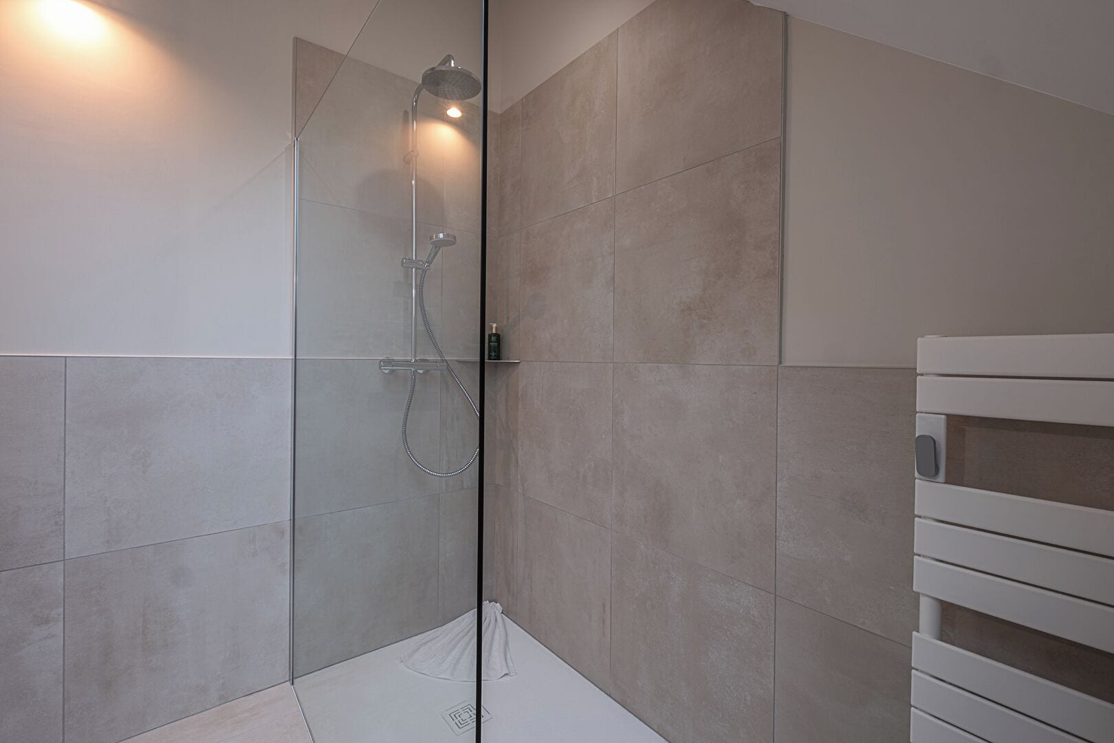 A modern shower area with a glass door, a handheld showerhead, and a wall-mounted control panel.