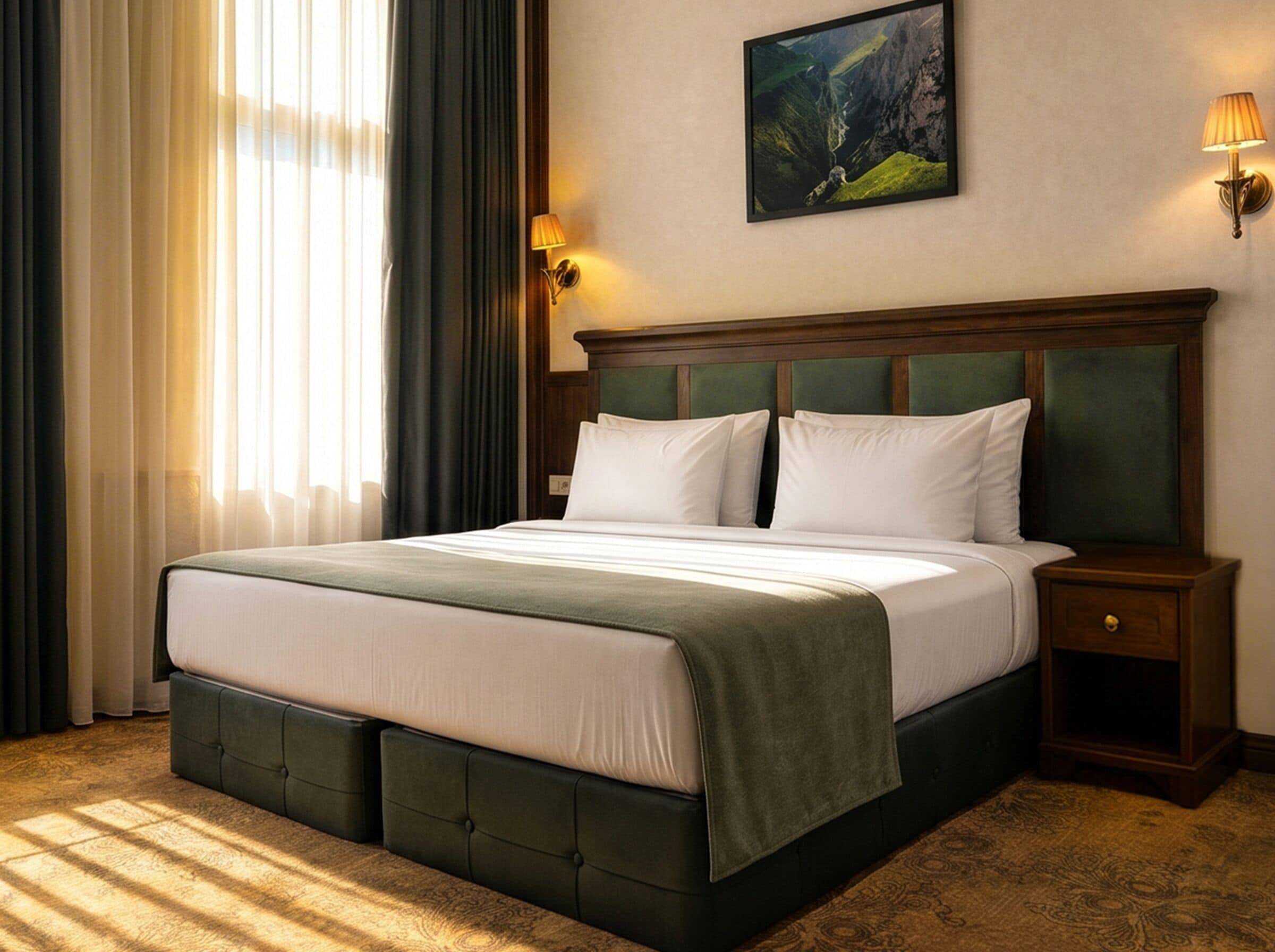 A neatly made bed with a green headboard, a bedside table, and a wall-mounted lamp.