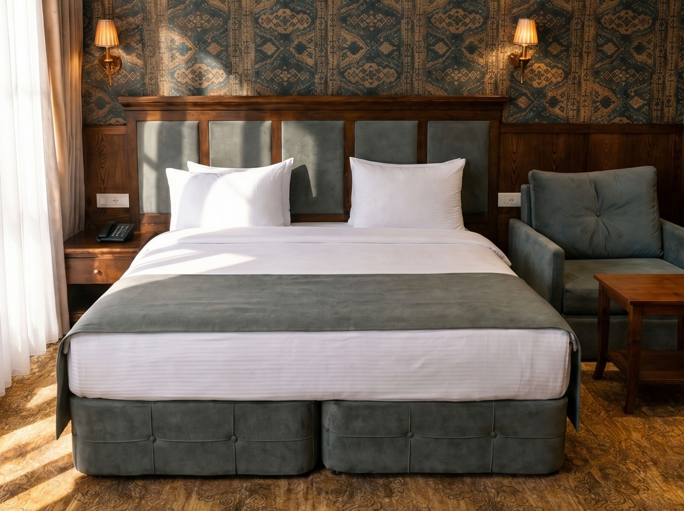 A large bed with a wooden headboard, two bedside tables, a chair, and patterned wallpaper.