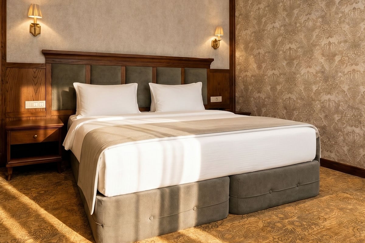 A neatly made bed with a wooden headboard, two bedside lamps, and a patterned carpet.