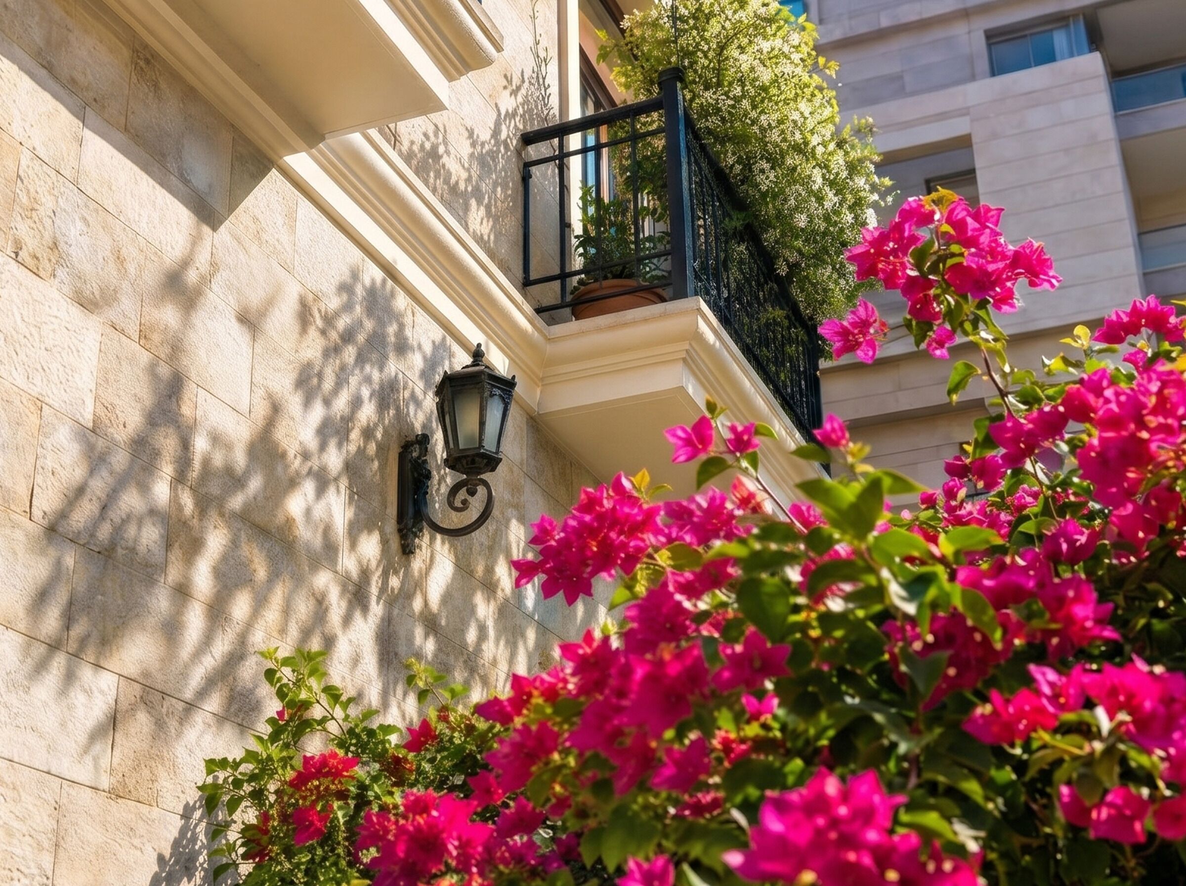 Une façade d’immeuble avec un mur en pierre, un balcon en fer forgé noir et de magnifiques fleurs de bougainvillier roses.