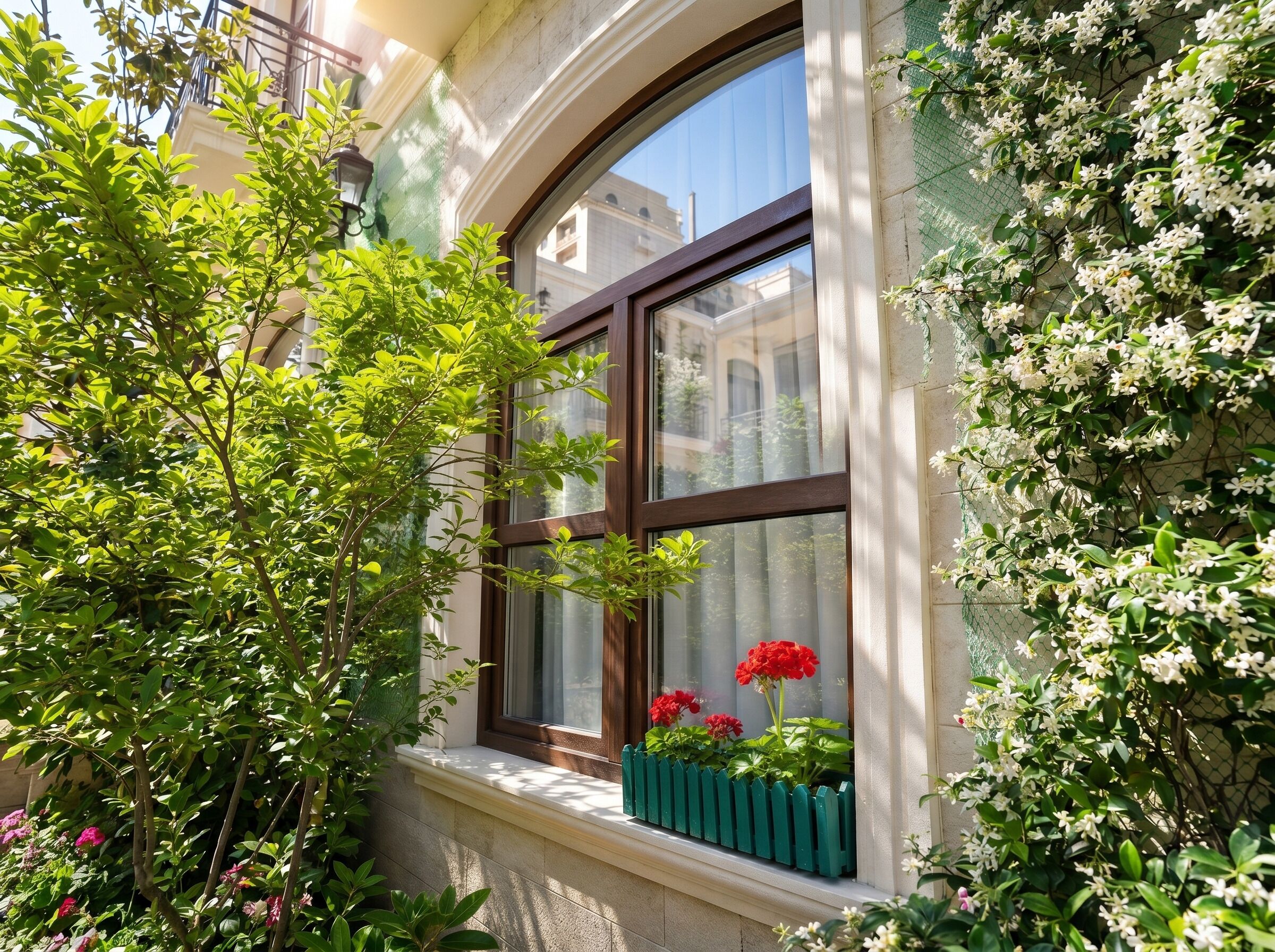A window with a view of a building, surrounded by greenery and flowers.