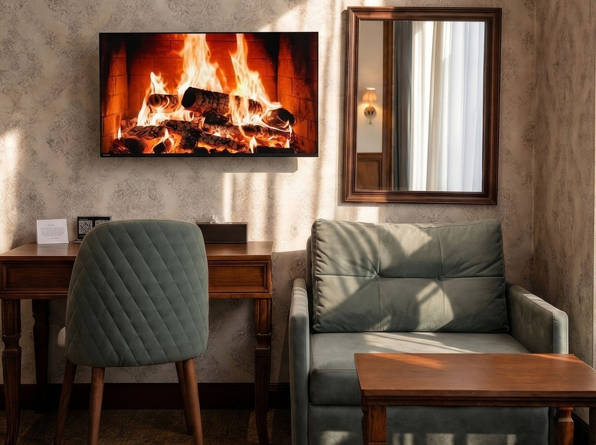 A room with a fireplace, a television, a green chair, a sofa, and a wooden table.
