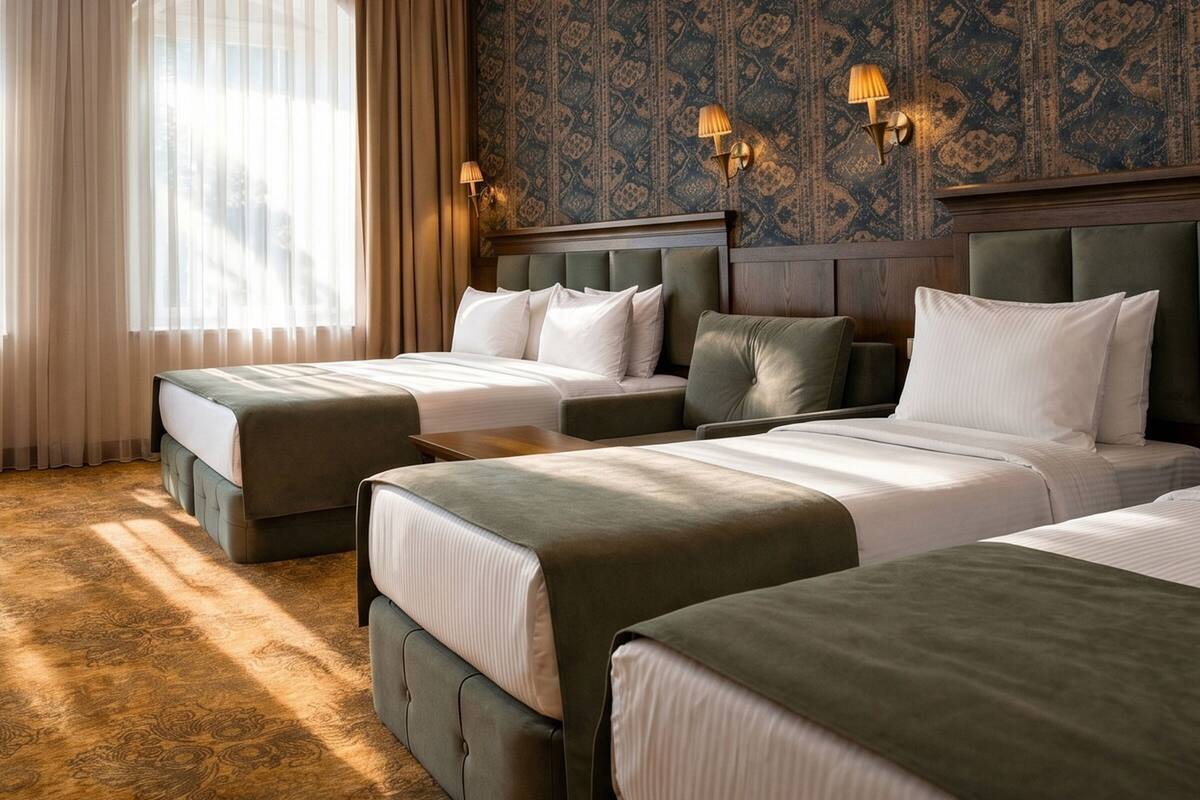 A hotel room with three beds, a large window with curtains, patterned wallpaper, and wall-mounted lamps.