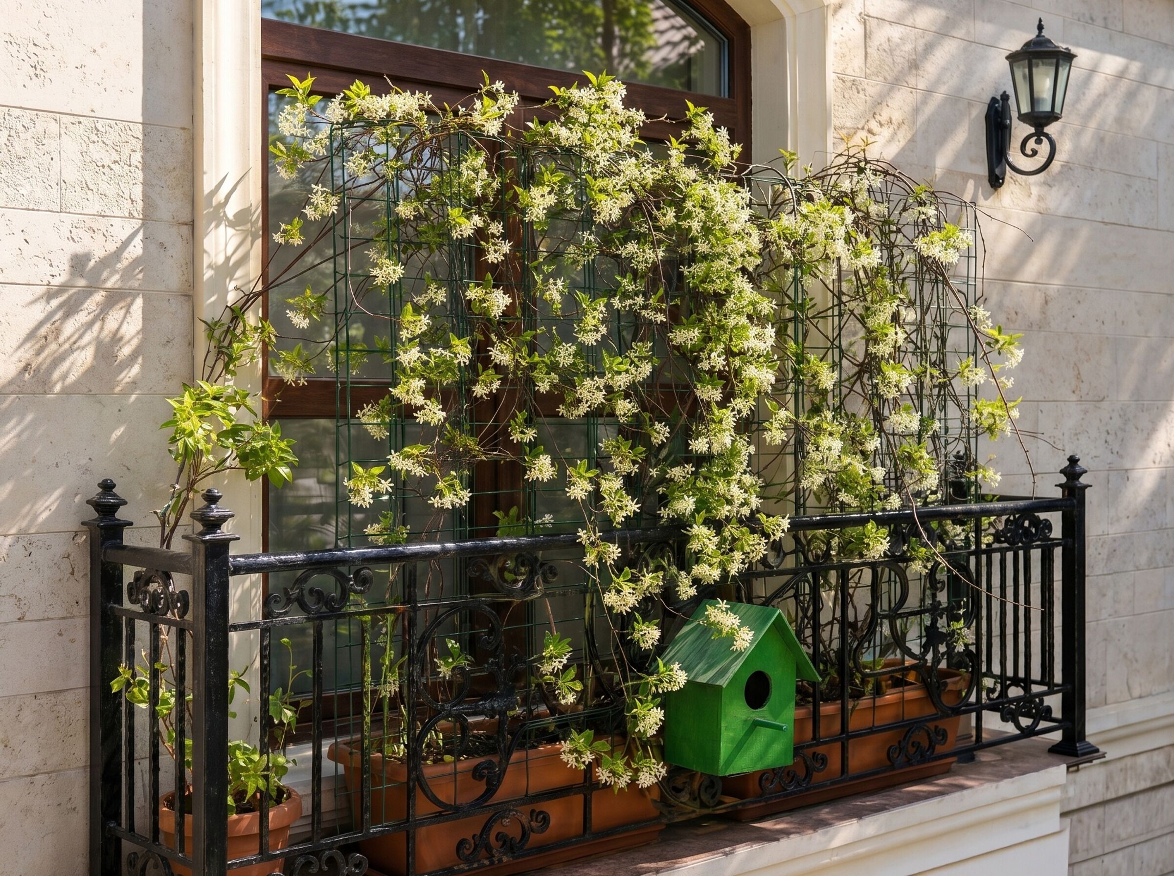 A balcony with a metal railing, a green birdhouse, and a flowering plant.